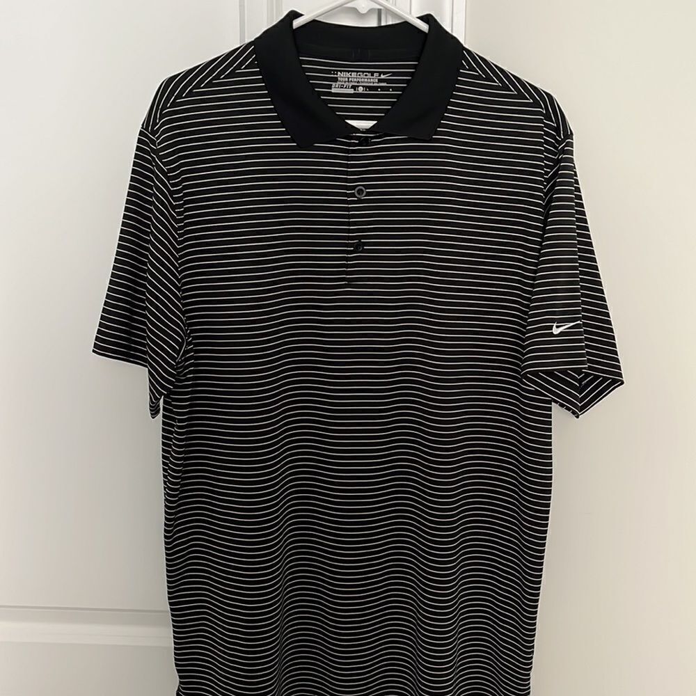 Mens Nike Dri Fit black & white stripe Tour Performance golf polo shirt L 🏌️‍♂️